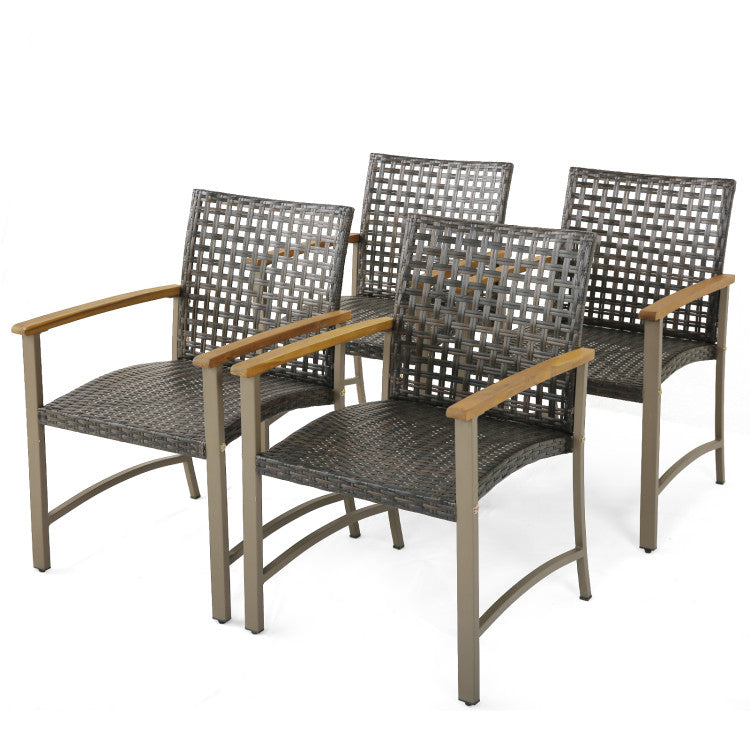 Set of 4 Outdoor Patio Rattan Dining Chairs with Acacia Wood Armrests
