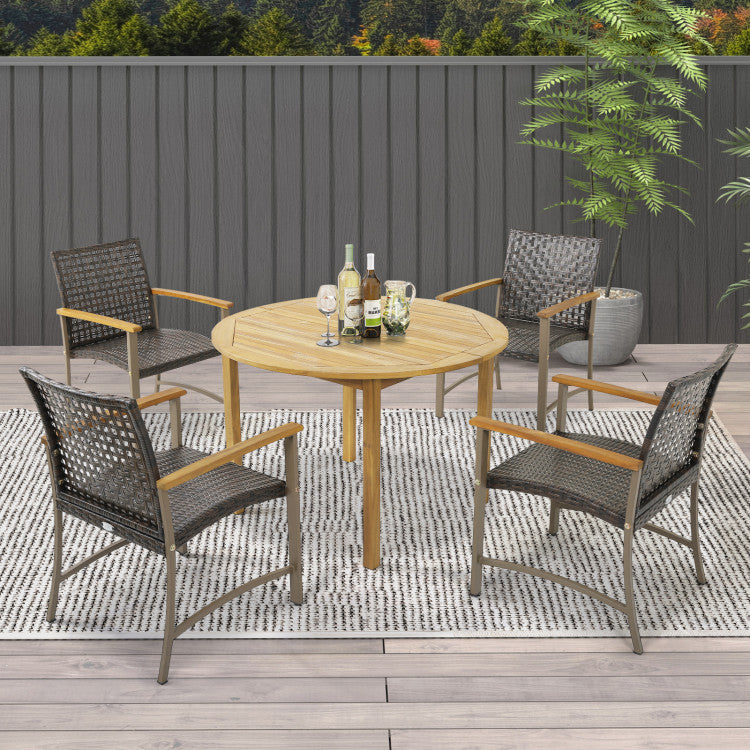 Set of 4 Outdoor Patio Rattan Dining Chairs with Acacia Wood Armrests