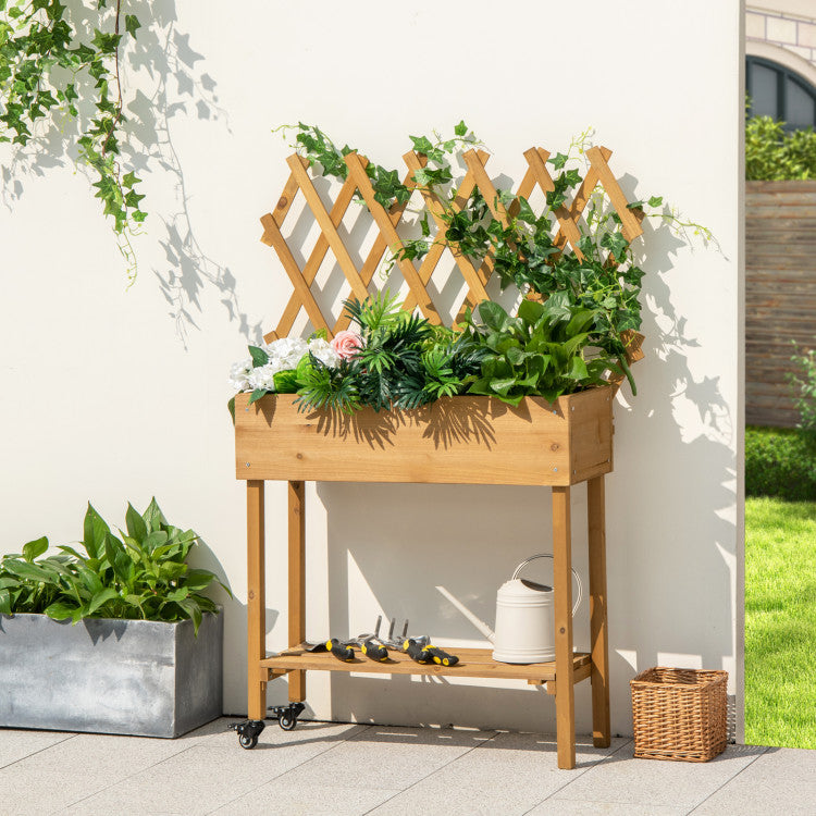 Wooden Raised Garden Bed Mobile Elevated Planter Box with Trellis
