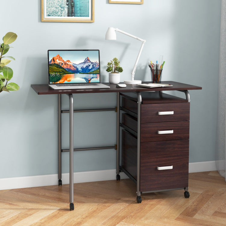 Home Office Folding Laptop Computer Desk with 3 Drawers and Wheels