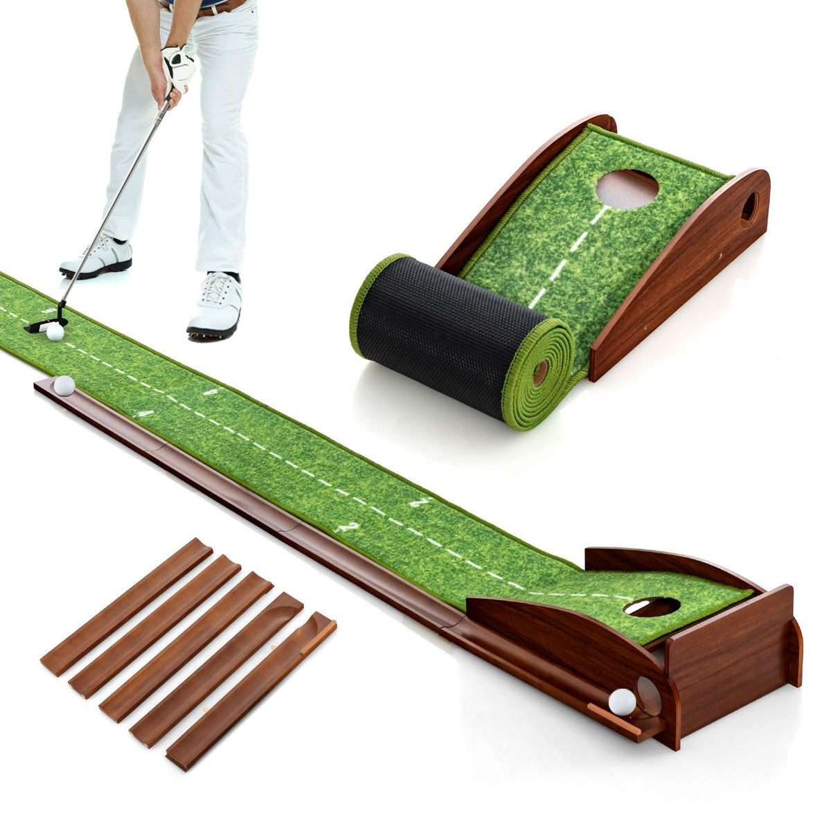 Indoor Outdoor Golf Putting Mat, Putting Green Training Aid w/ Auto Ball Return & 3 Golf Balls for Practice at Home or in The Office