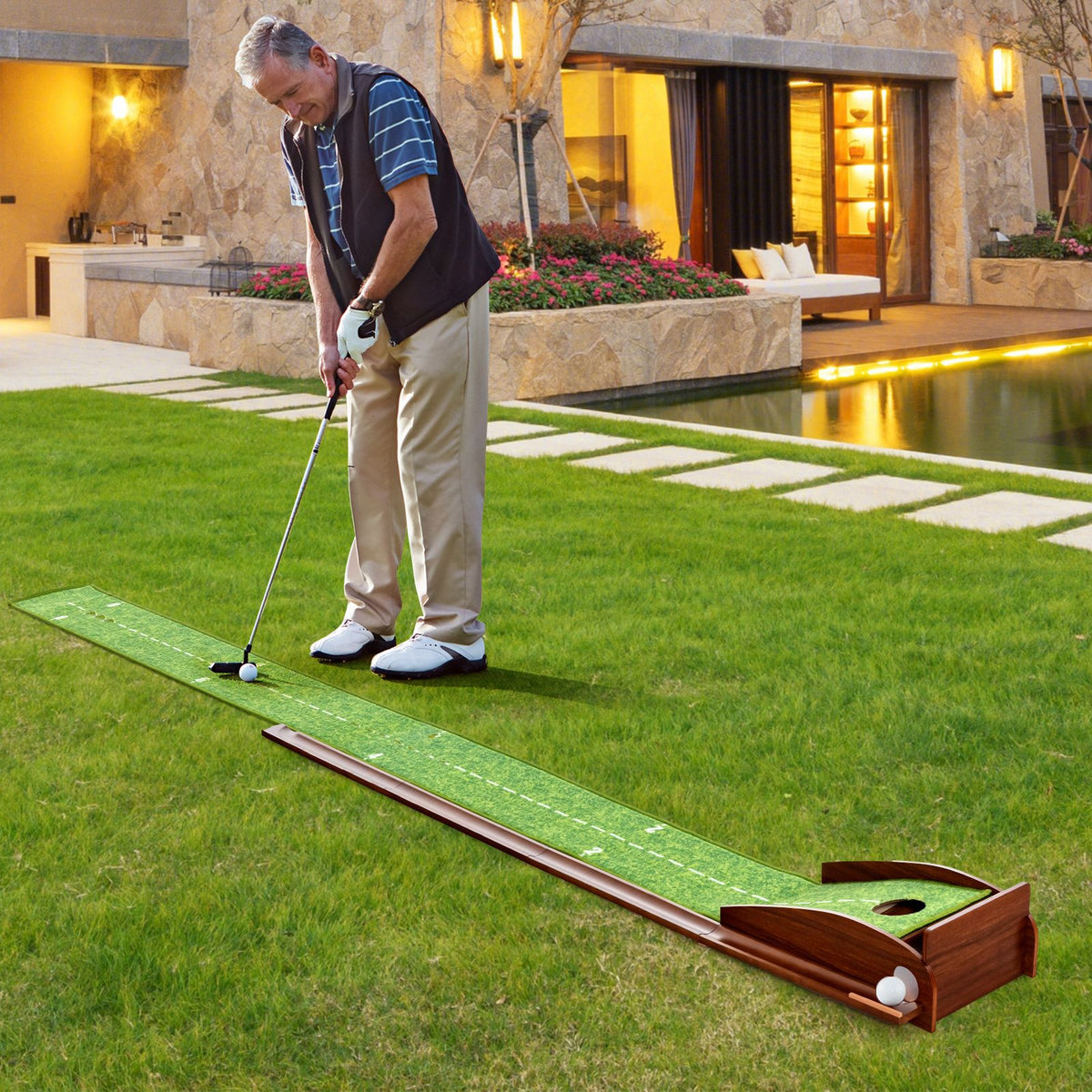 Indoor Outdoor Golf Putting Mat, Putting Green Training Aid w/ Auto Ball Return & 3 Golf Balls for Practice at Home or in The Office