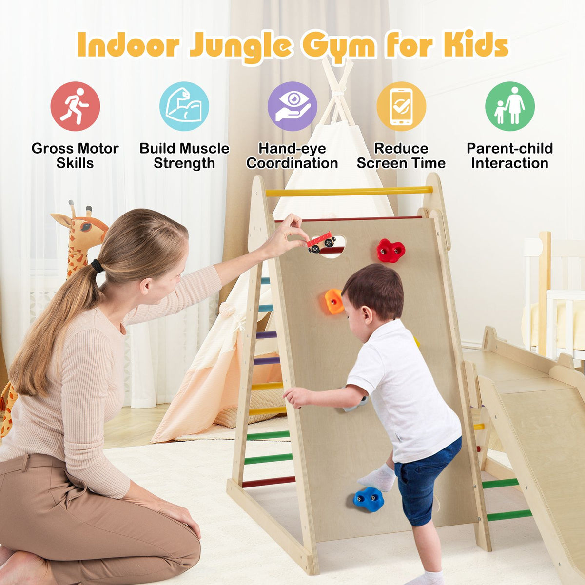 3-In 1 Jungle Gym with Extended Slide and Rock Climbing for Kids 3+
