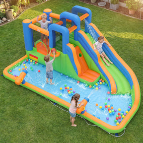 Inflatable Water Slide Park, Kids Inflatable Bounce House with Slide, Jumping Area, Splash Pool, 2 Climbing Walls & Water Cannons, Basketball Hoop, Outdoor Blow-up Bouncy Castle for Yard, Lawn, Party, without Blower