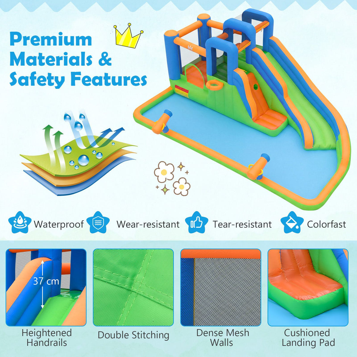 Inflatable Water Slide Park, Kids Inflatable Bounce House with Slide, Jumping Area, Splash Pool, 2 Climbing Walls & Water Cannons, Basketball Hoop, Outdoor Blow-up Bouncy Castle for Yard, Lawn, Party, without Blower