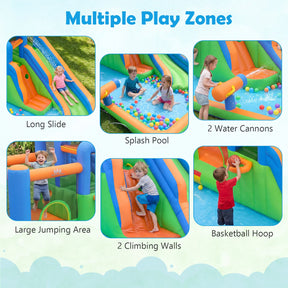Inflatable Water Slide Park, Kids Inflatable Bounce House with Slide, Jumping Area, Splash Pool, 2 Climbing Walls & Water Cannons, Basketball Hoop, Outdoor Blow-up Bouncy Castle for Yard, Lawn, Party, without Blower