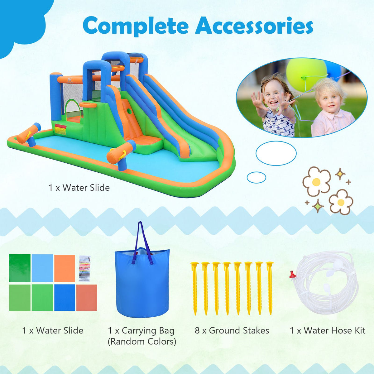 Inflatable Water Slide Park, Kids Inflatable Bounce House with Slide, Jumping Area, Splash Pool, 2 Climbing Walls & Water Cannons, Basketball Hoop, Outdoor Blow-up Bouncy Castle for Yard, Lawn, Party, without Blower