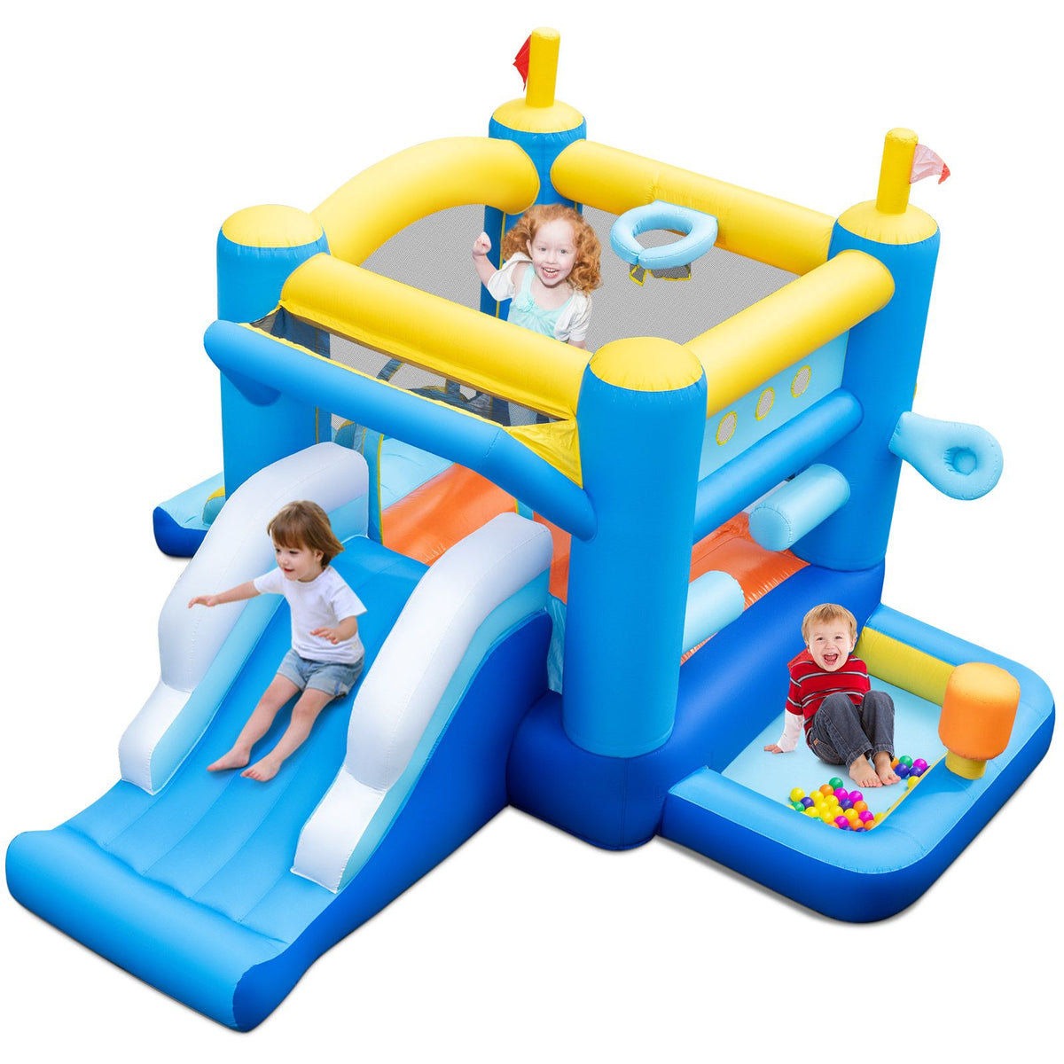 Inflatable Bounce House Kids Bouncy Castle with Slides Jumping Area Basketball Hoop