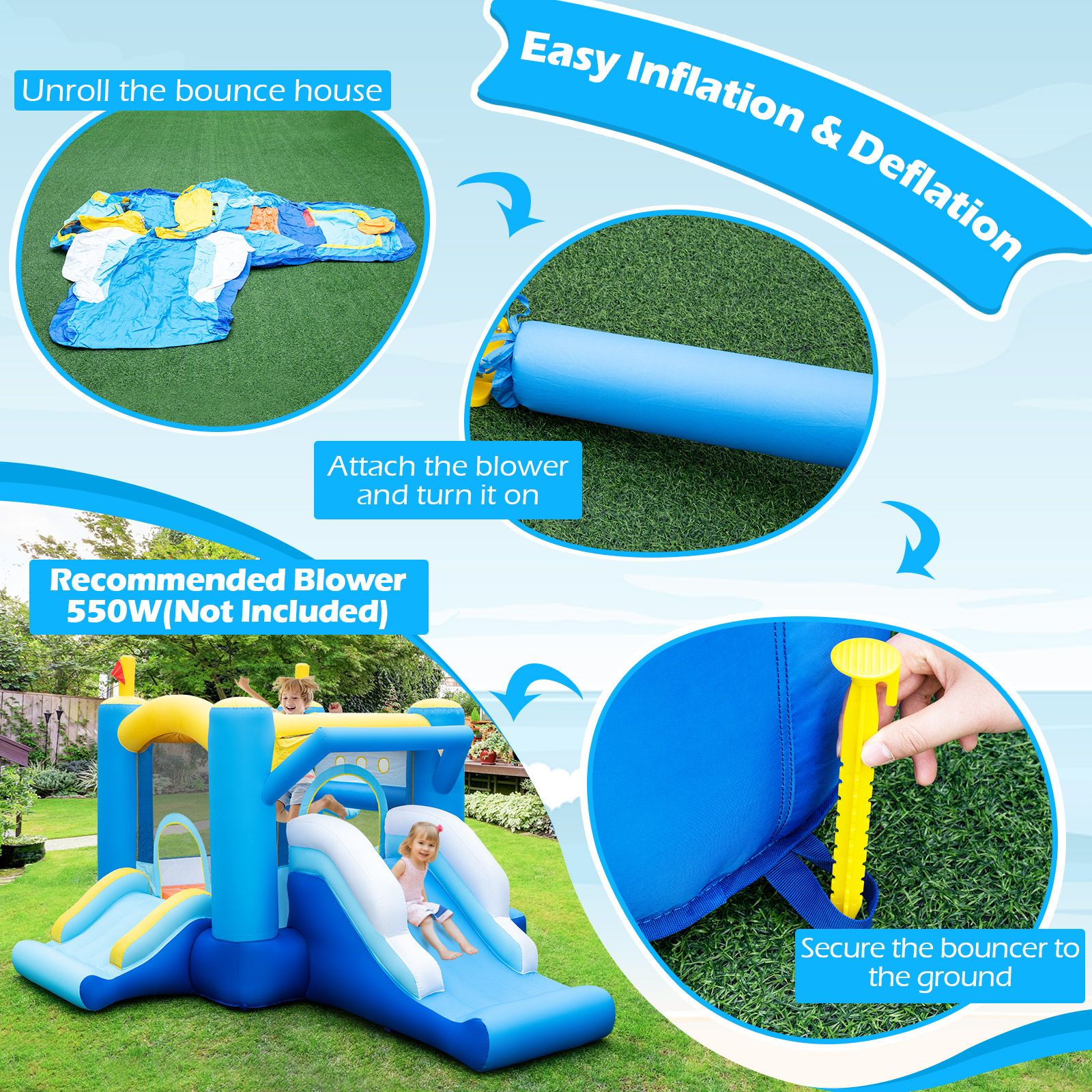 Inflatable Bounce House Kids Bouncy Castle with Slides Jumping Area Basketball Hoop