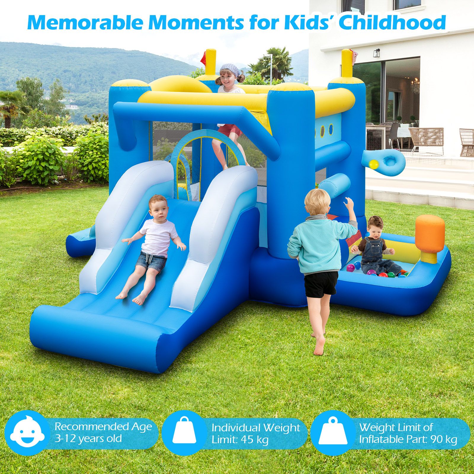 Inflatable Bounce House Kids Bouncy Castle with Slides Jumping Area Basketball Hoop