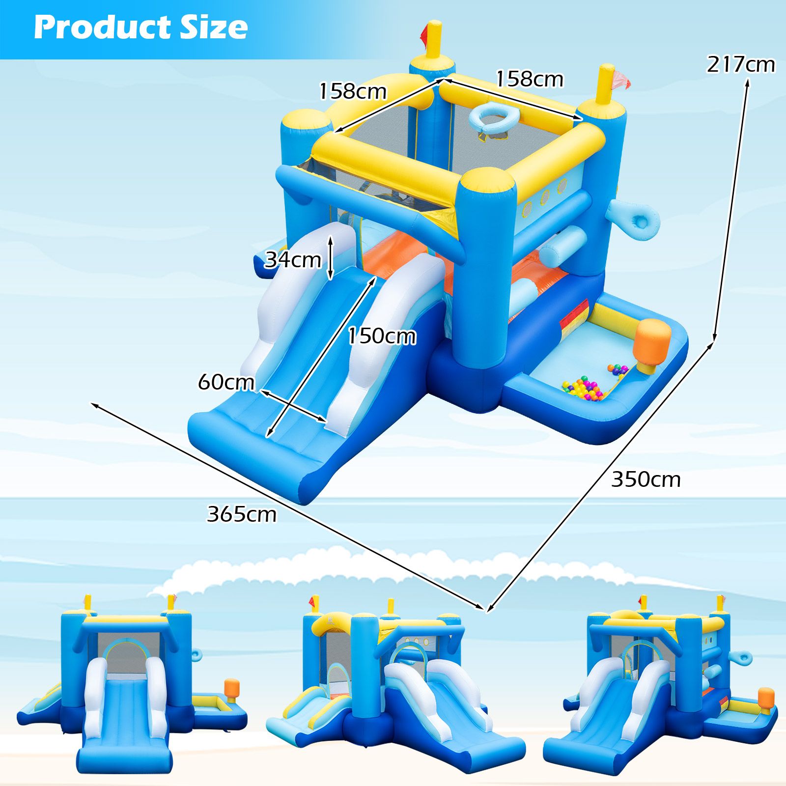 Inflatable Bounce House Kids Bouncy Castle with Slides Jumping Area Basketball Hoop