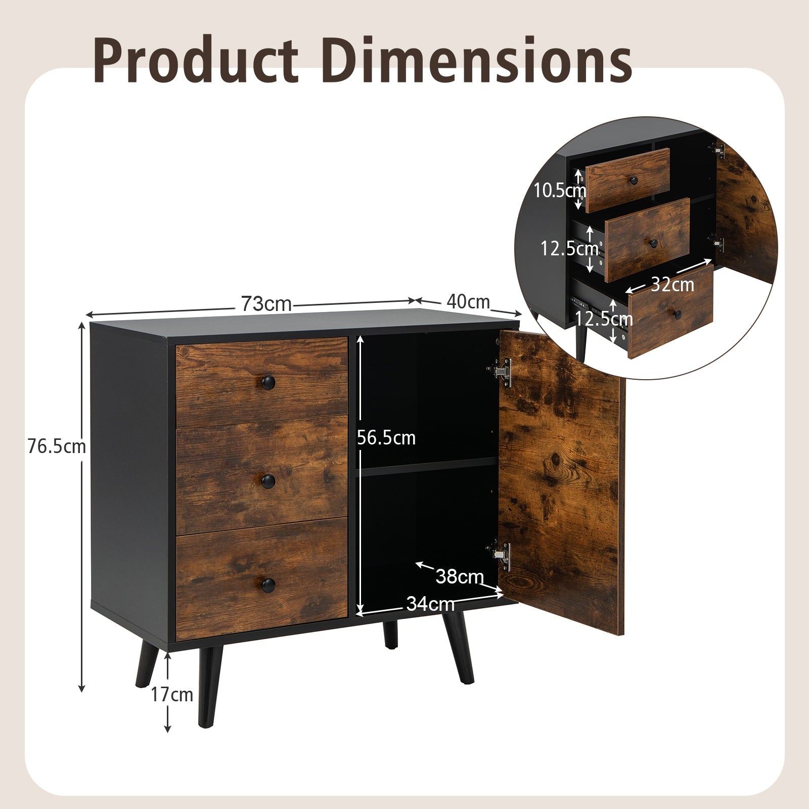 Giantex Retro Storage Cabinet, Vintage Cupboard with 3 Drawers and Adjustable Shelf Rustic Brown