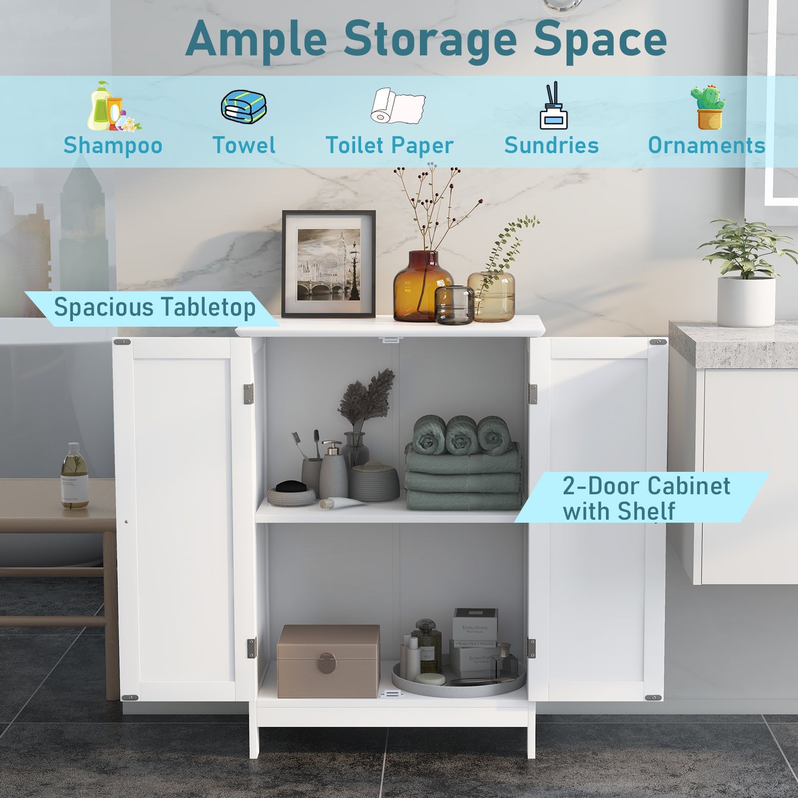 Giantex Bathroom Floor Cabinet, Wooden Floor Storage Cabinet w/Double Doors