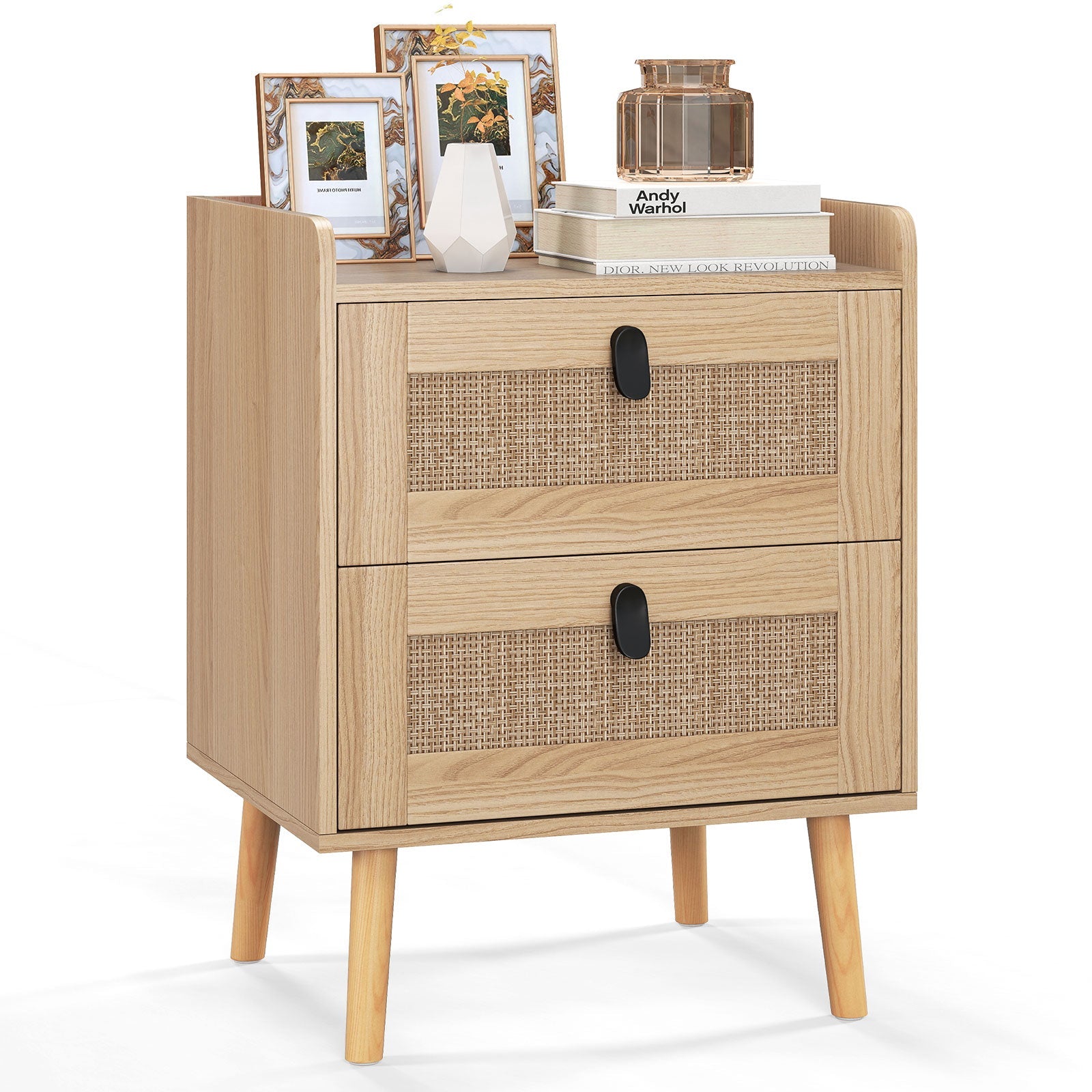 Modern End Table Bedside Table with 2 Rattan Decorated Drawers for Small Spaces