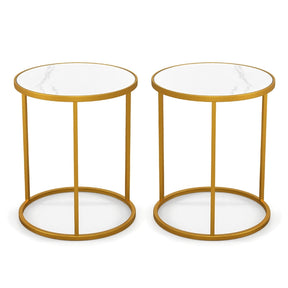 Round Side Table, 40 x 40cm End Table w/Marble Top & Golden Metal Frame