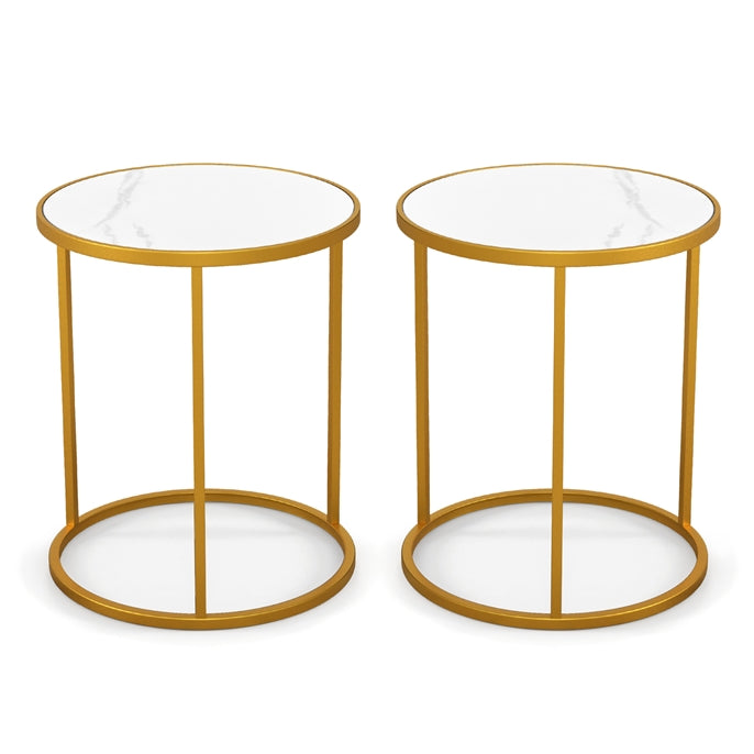 Round Side Table, 40 x 40cm End Table w/Marble Top & Golden Metal Frame
