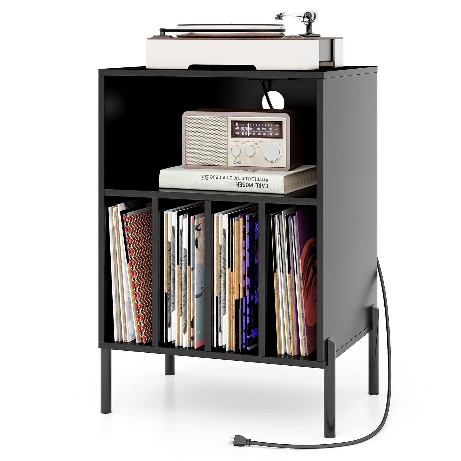 Record Player Stand Turntable Stand w/ Storage Shelf Charging Station USB Port