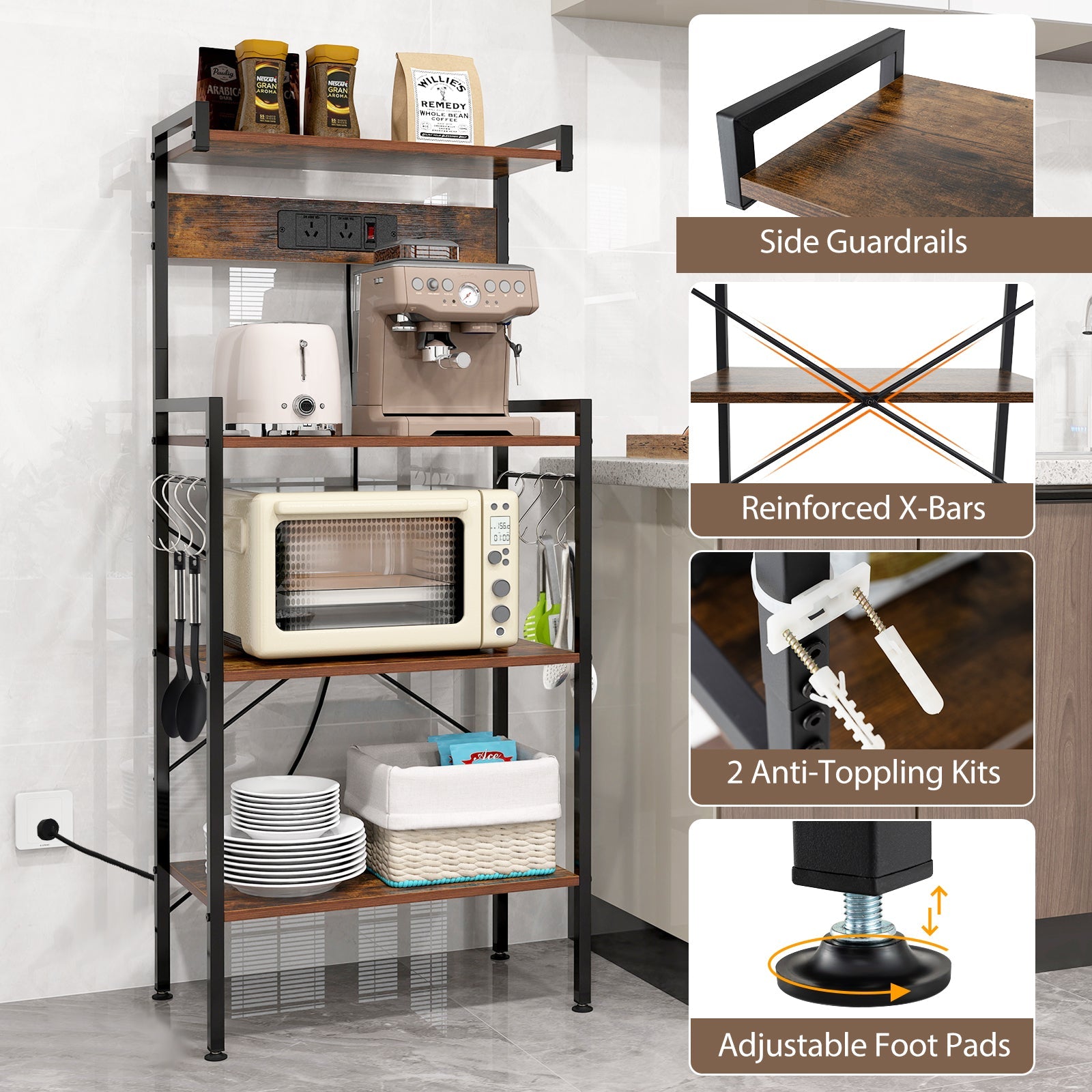 4-Tier Kitchen Baker Rack w/ Power Outlet Microwave Oven Stand Storage Organizer