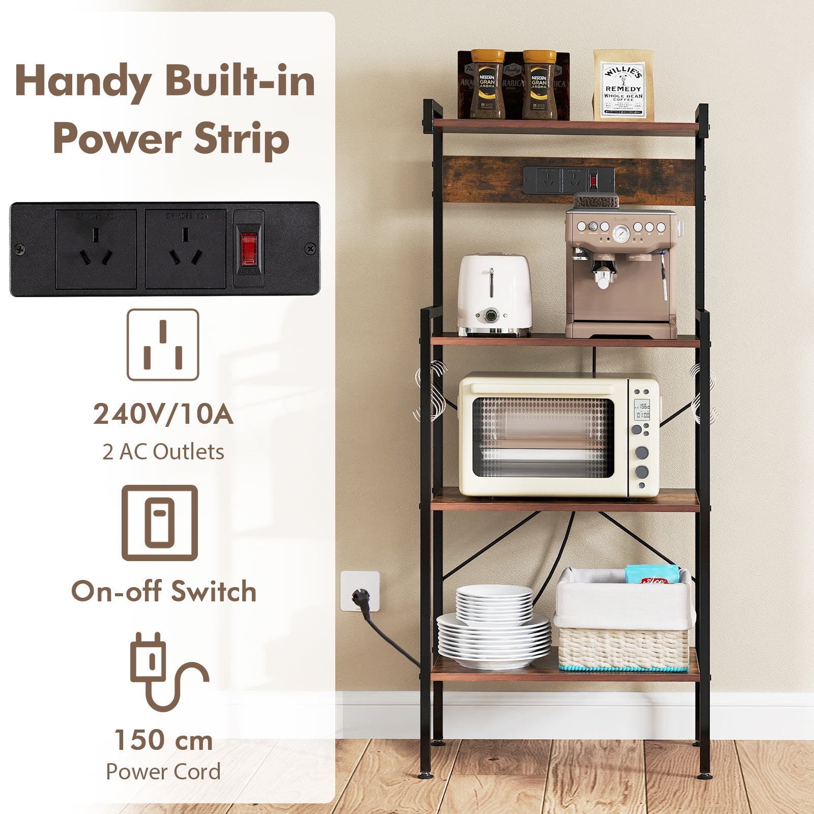 4-Tier Kitchen Baker Rack w/ Power Outlet Microwave Oven Stand Storage Organizer