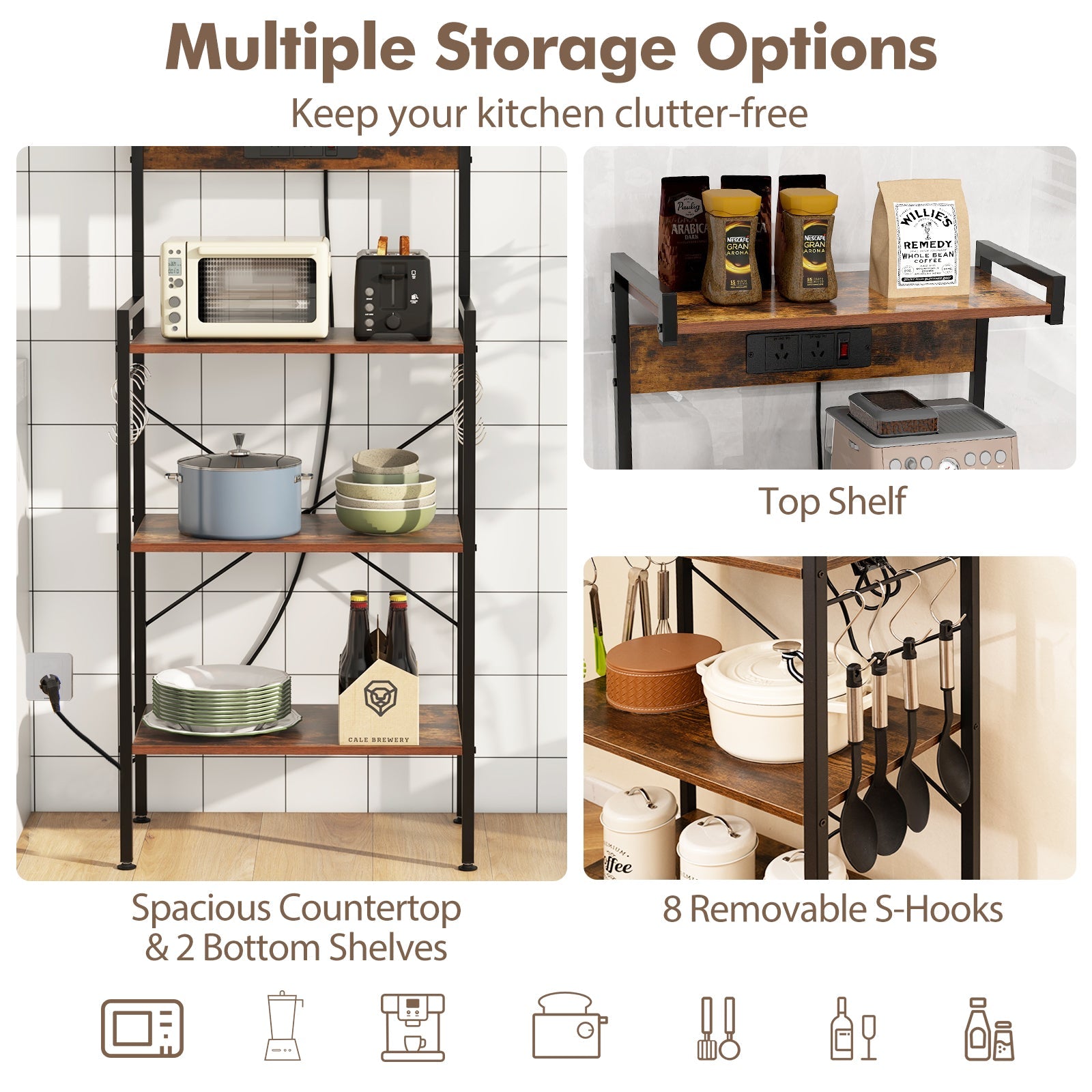 4-Tier Kitchen Baker Rack w/ Power Outlet Microwave Oven Stand Storage Organizer
