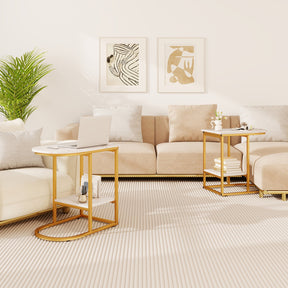 Giantex C-shaped Side Table, 2-Tier End Table w/ Faux Marble Tabletop & Golden Steel Frame, 60cm x 40cm x 60cm, White