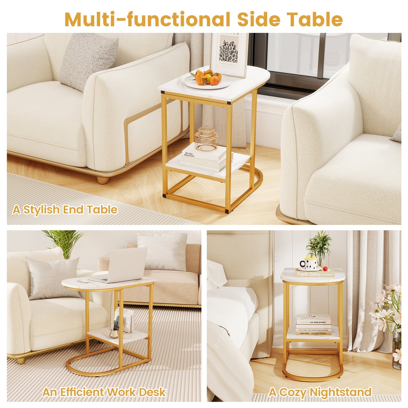 Giantex C-shaped Side Table, 2-Tier End Table w/ Faux Marble Tabletop & Golden Steel Frame, 60cm x 40cm x 60cm, White