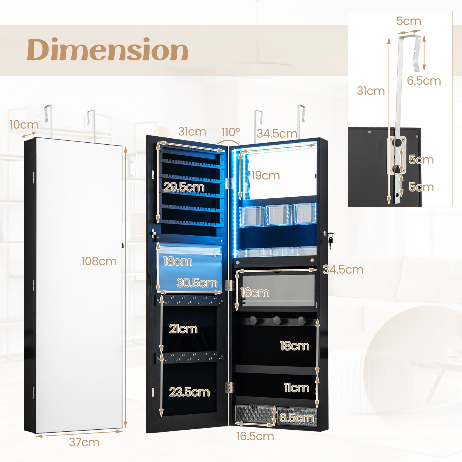 Giantex Wall/Door Mounted Jewelry Armoire w/ 3-Color LED Lights, 120CM (H) Full Length Mirror