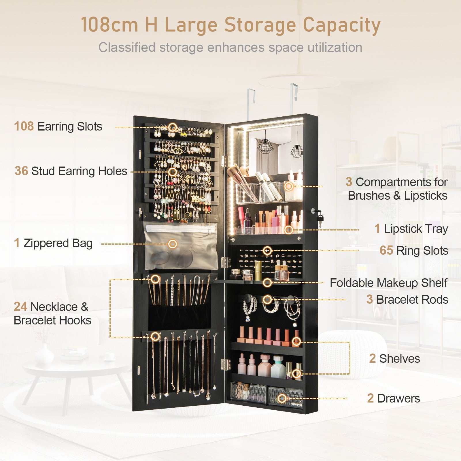 Giantex Wall/Door Mounted Jewelry Armoire w/ 3-Color LED Lights, 120CM (H) Full Length Mirror