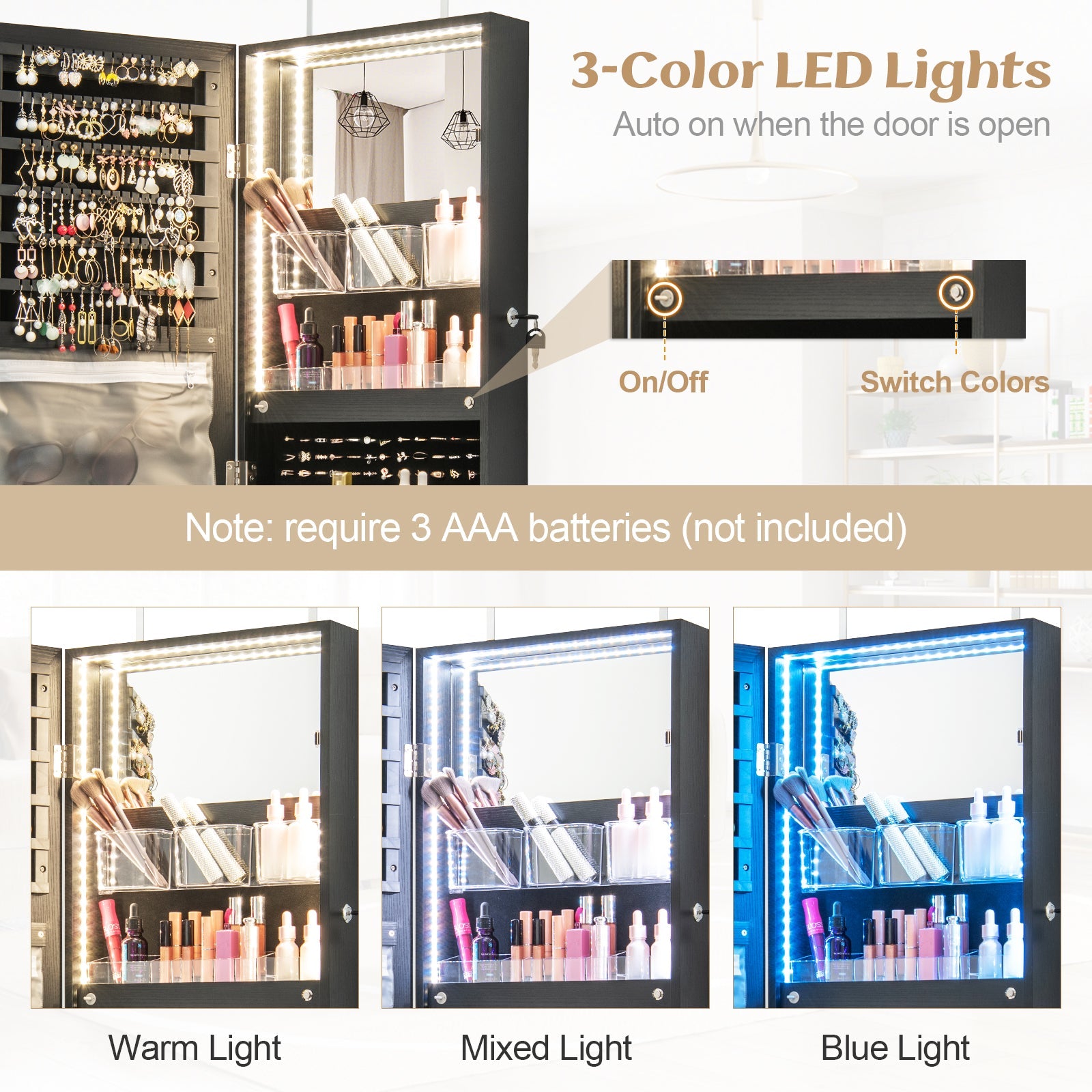 Giantex Wall/Door Mounted Jewelry Armoire w/ 3-Color LED Lights, 120CM (H) Full Length Mirror