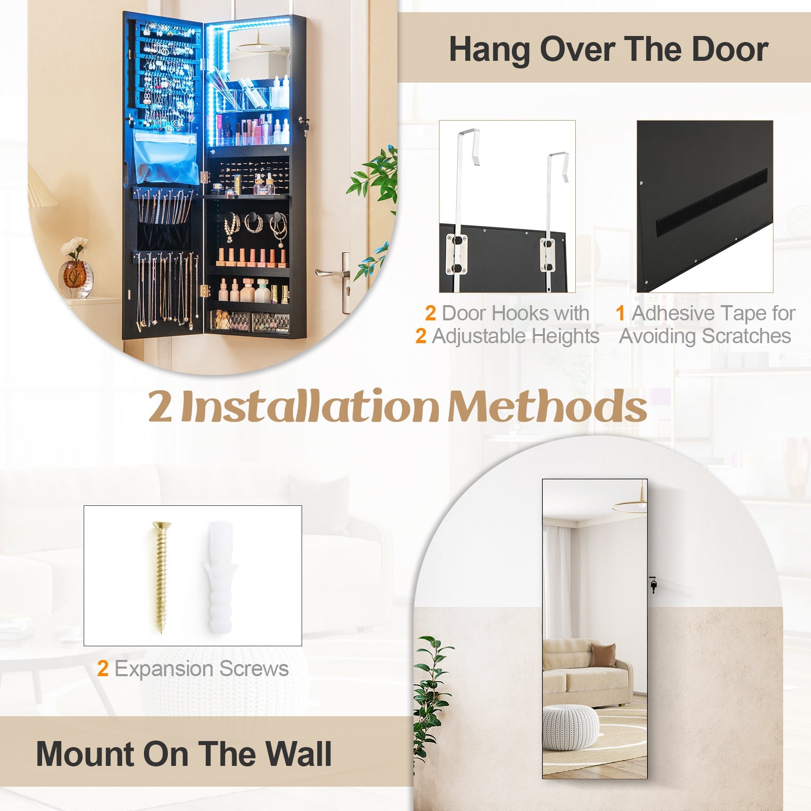 Giantex Wall/Door Mounted Jewelry Armoire w/ 3-Color LED Lights, 120CM (H) Full Length Mirror