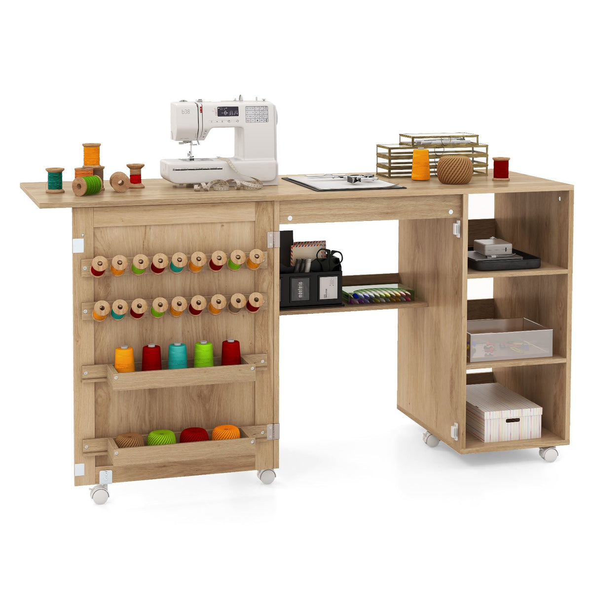 Folding Sewing Table with Rattan Door, Multipurpose Sewing Machine Craft Station