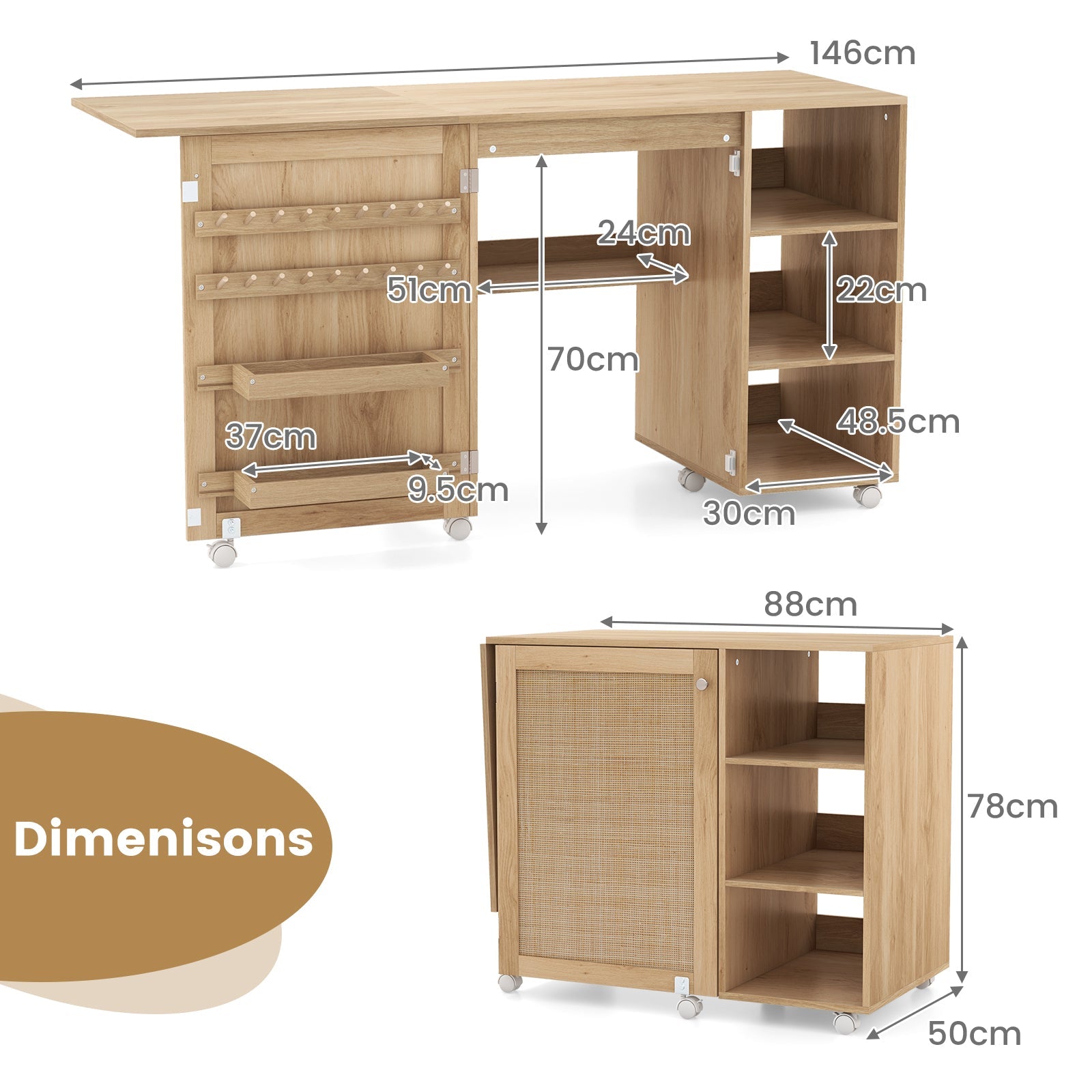 Folding Sewing Table with Rattan Door, Multipurpose Sewing Machine Craft Station