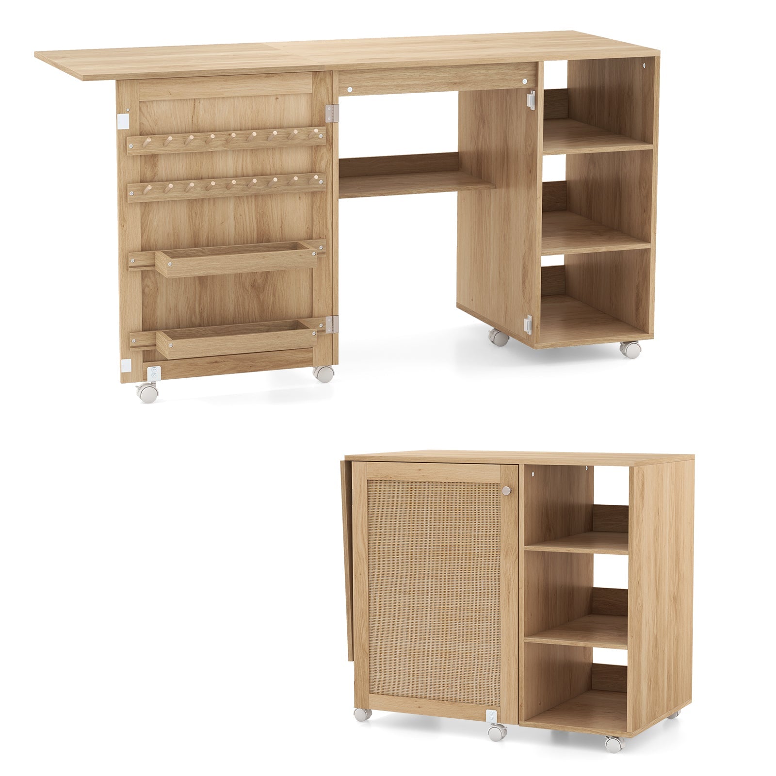 Folding Sewing Table with Rattan Door, Multipurpose Sewing Machine Craft Station