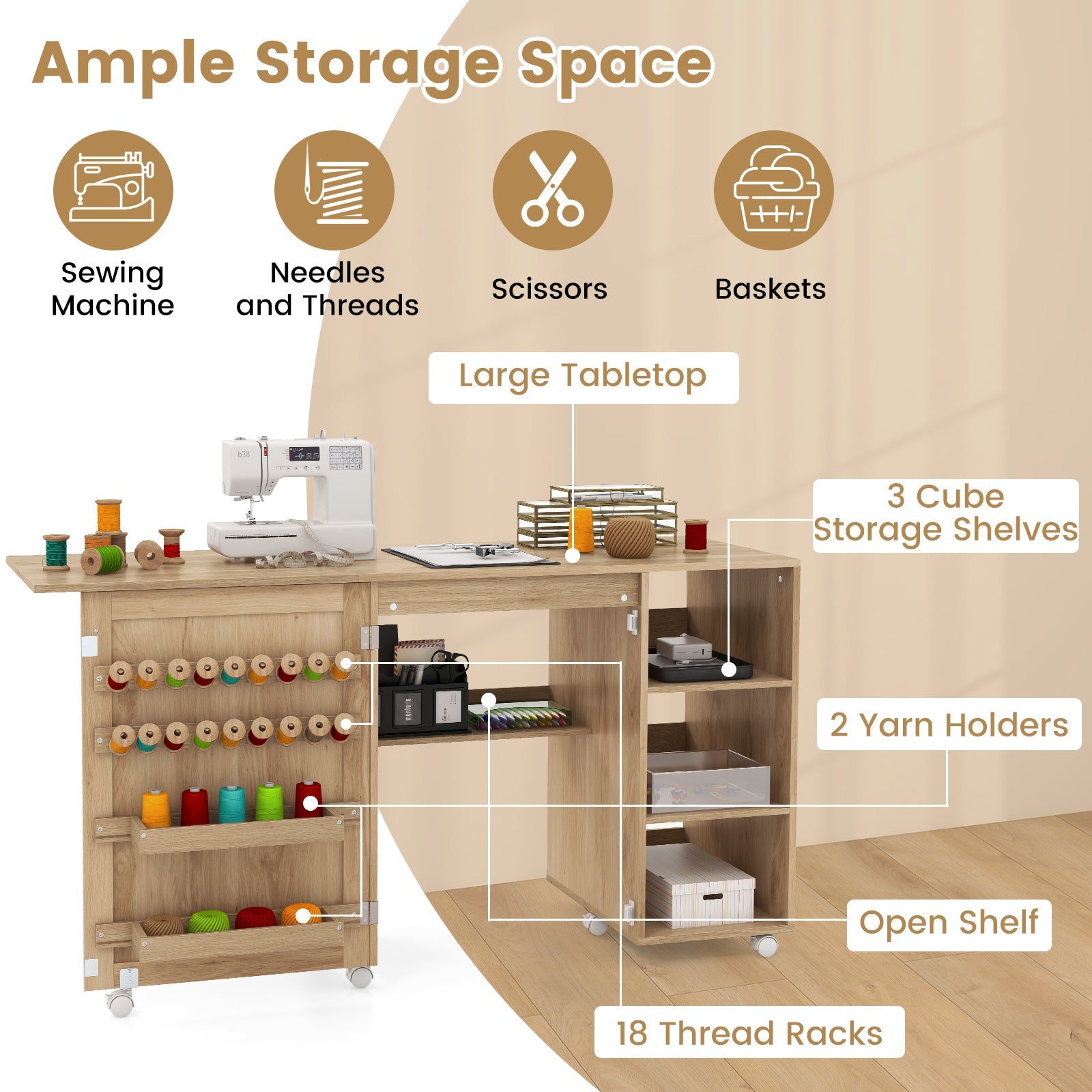 Folding Sewing Table with Rattan Door, Multipurpose Sewing Machine Craft Station