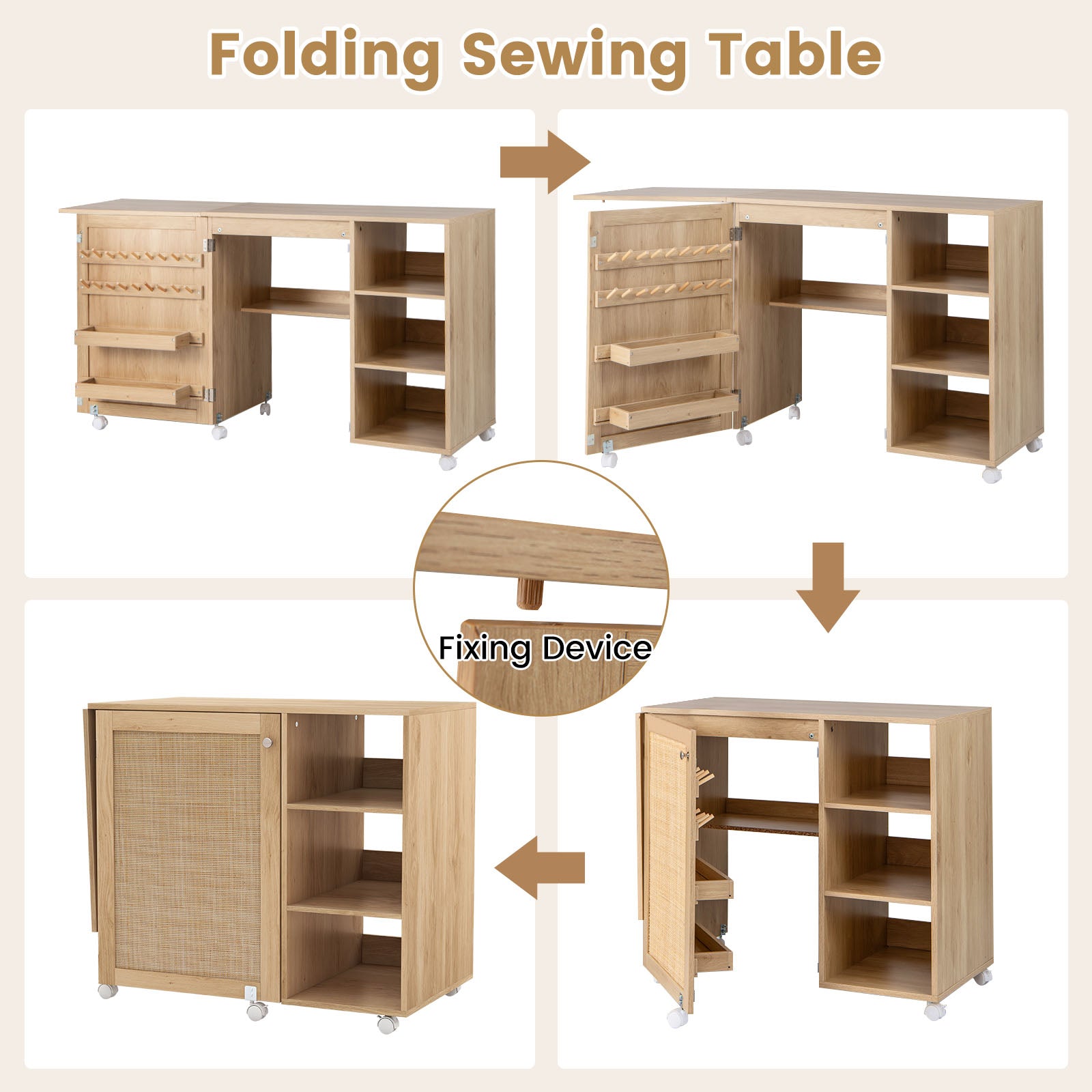 Folding Sewing Table with Rattan Door, Multipurpose Sewing Machine Craft Station