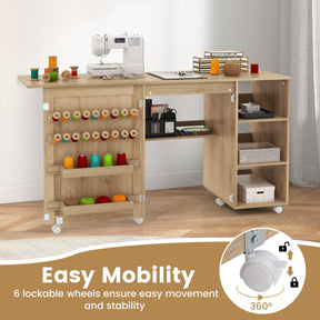 Folding Sewing Table with Rattan Door, Multipurpose Sewing Machine Craft Station