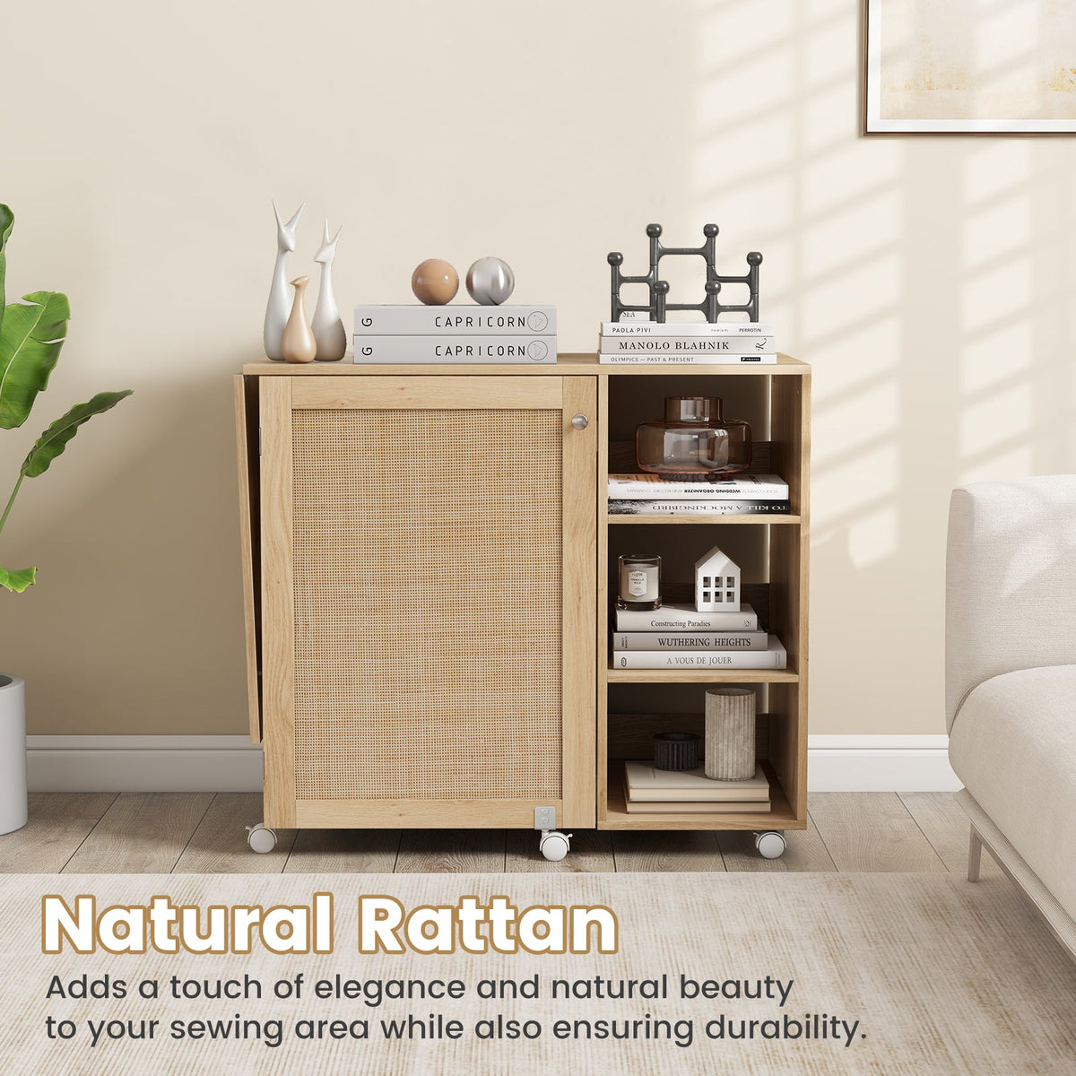 Folding Sewing Table with Rattan Door, Multipurpose Sewing Machine Craft Station