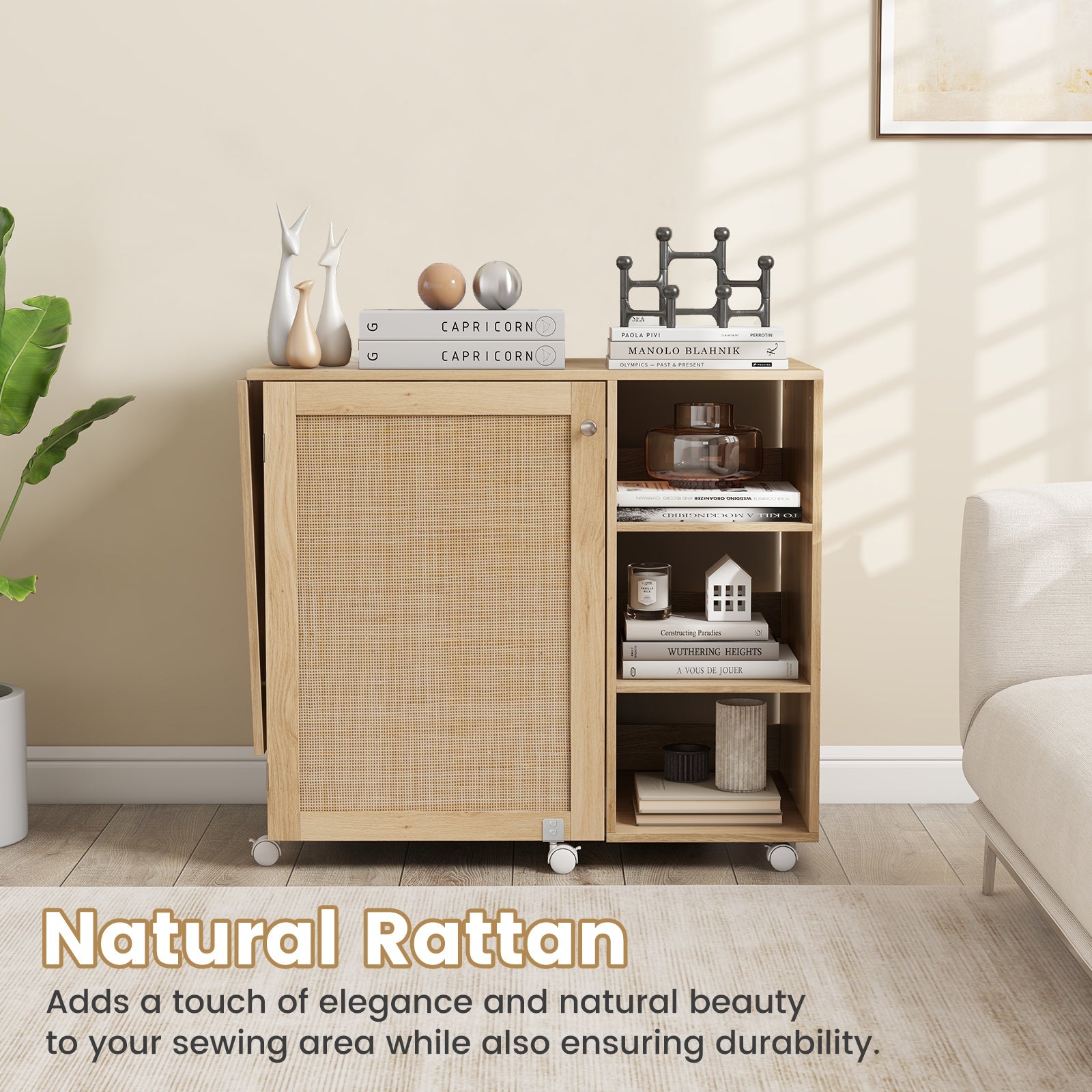 Folding Sewing Table with Rattan Door, Multipurpose Sewing Machine Craft Station