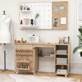 Folding Sewing Table with Rattan Door, Multipurpose Sewing Machine Craft Station
