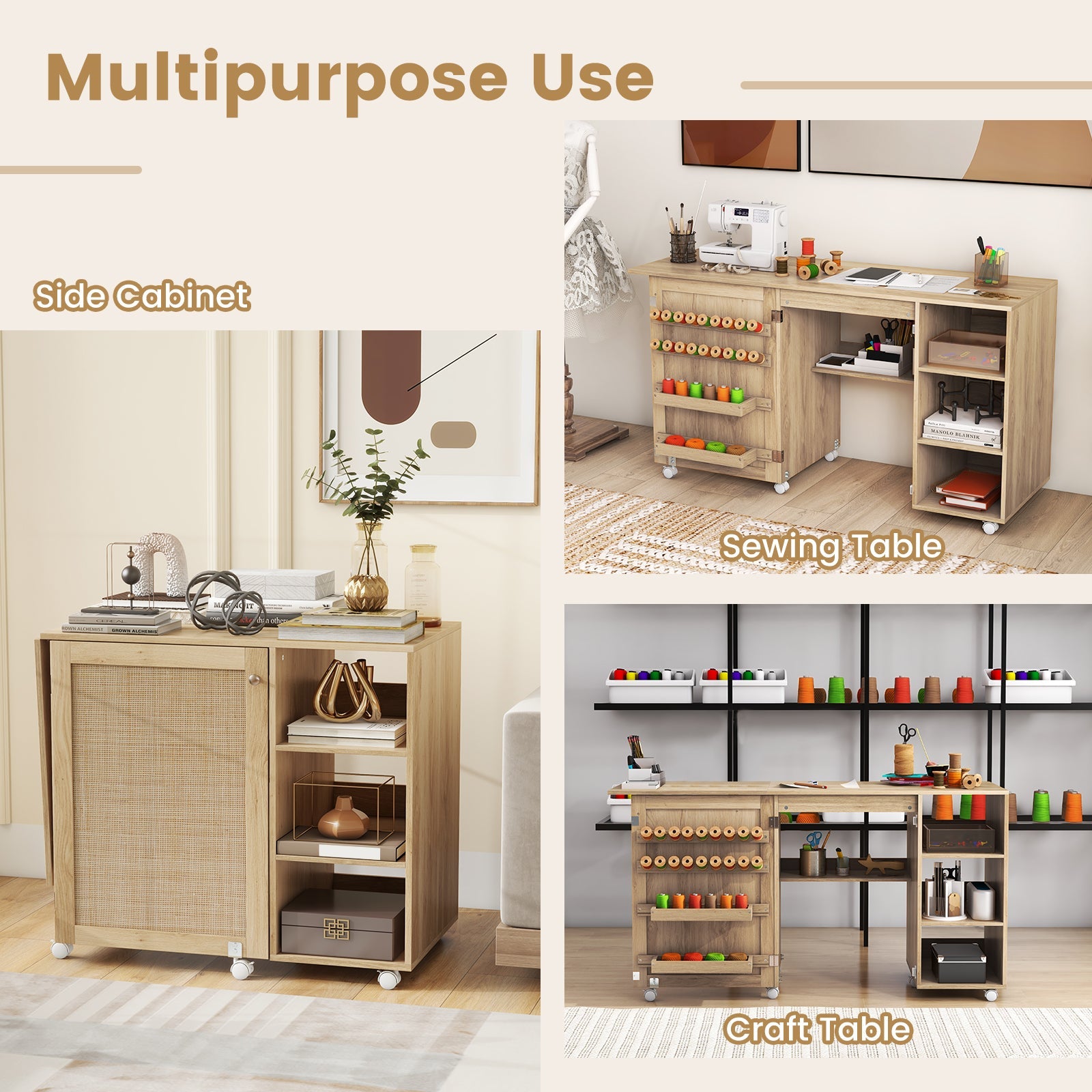 Folding Sewing Table with Rattan Door, Multipurpose Sewing Machine Craft Station