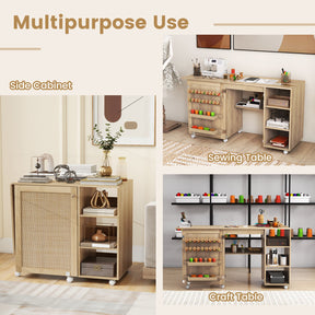 Folding Sewing Table with Rattan Door, Multipurpose Sewing Machine Craft Station