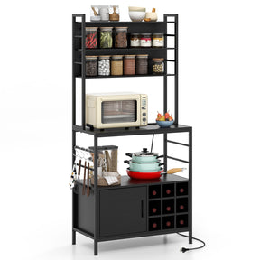 Giantex 170 cm Bakers Rack with Power Outlet, Coffee Bar Cabinet with S-Shaped Hooks & Wine Bottle Holders