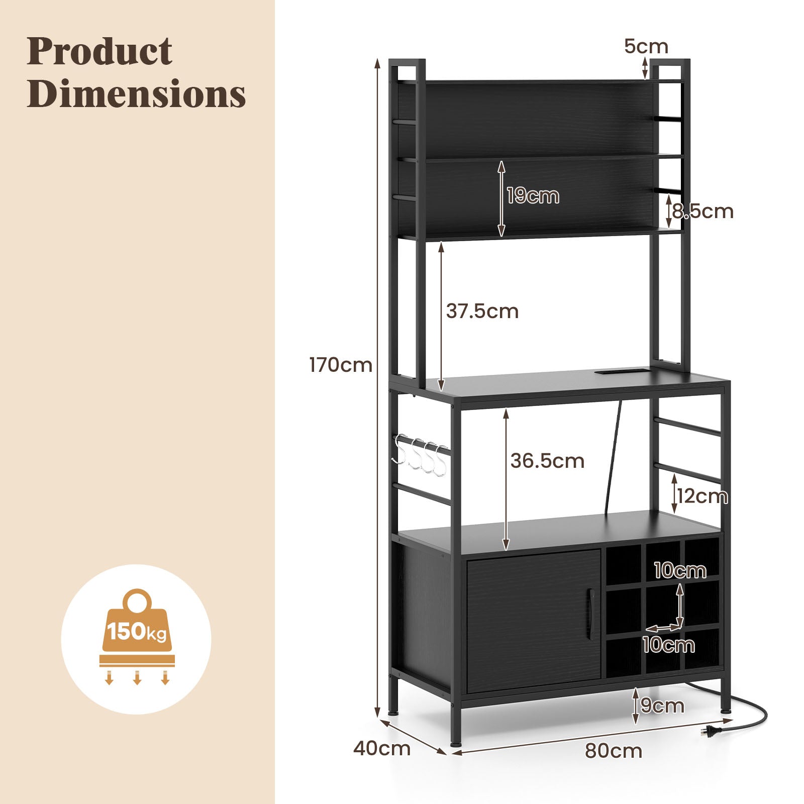 Giantex 170 cm Bakers Rack with Power Outlet, Coffee Bar Cabinet with S-Shaped Hooks & Wine Bottle Holders
