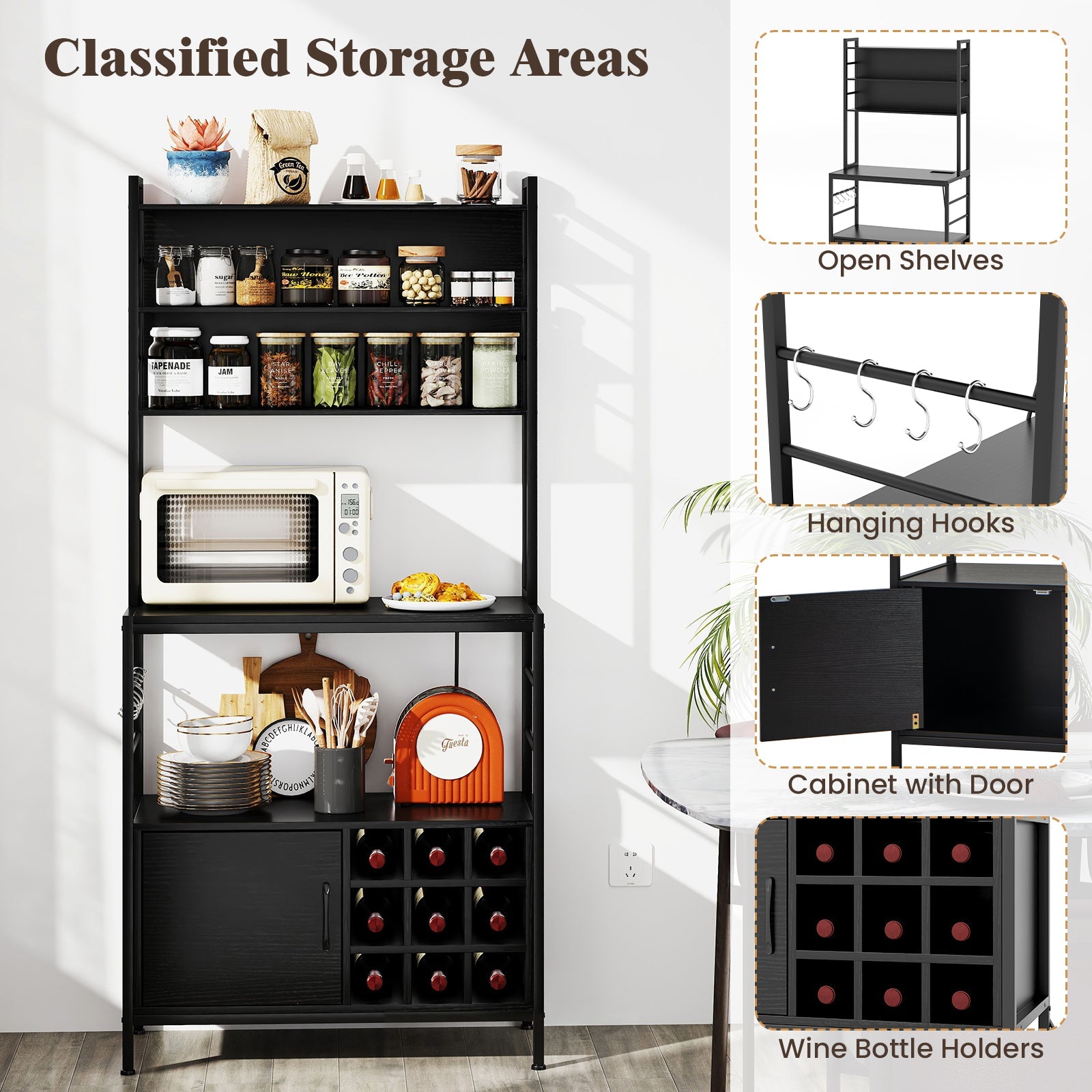 Giantex 170 cm Bakers Rack with Power Outlet, Coffee Bar Cabinet with S-Shaped Hooks & Wine Bottle Holders