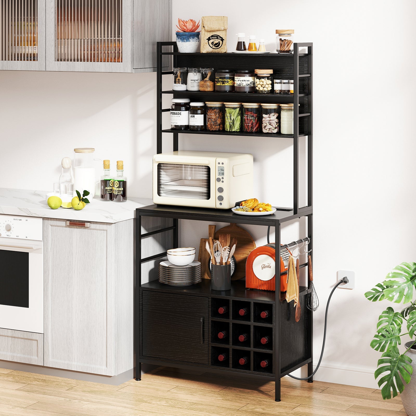 Giantex 170 cm Bakers Rack with Power Outlet, Coffee Bar Cabinet with S-Shaped Hooks & Wine Bottle Holders