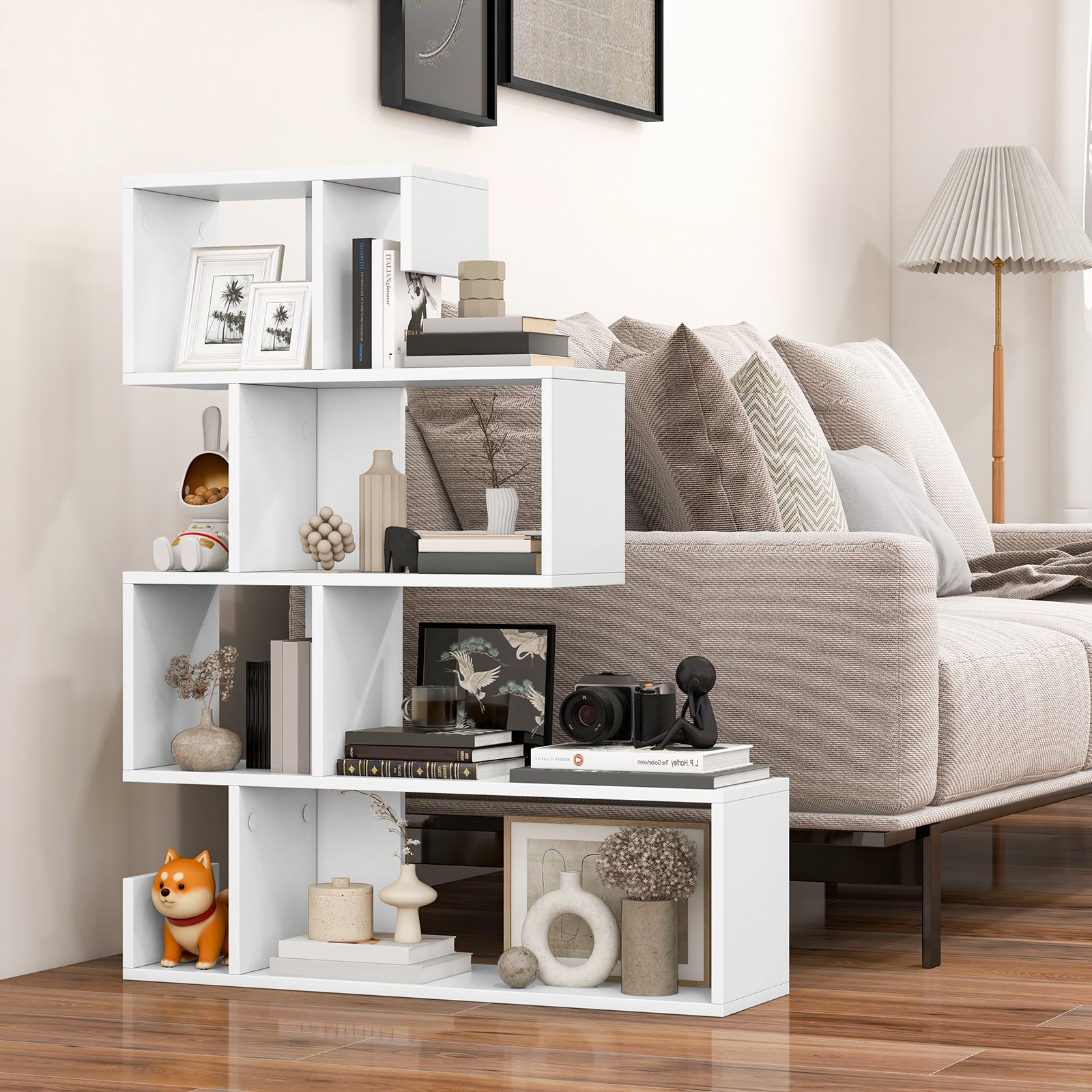 5-Tier S-Shaped Bookshelf, Geometric Z-Shelf Bookcase w/ Open Cubes