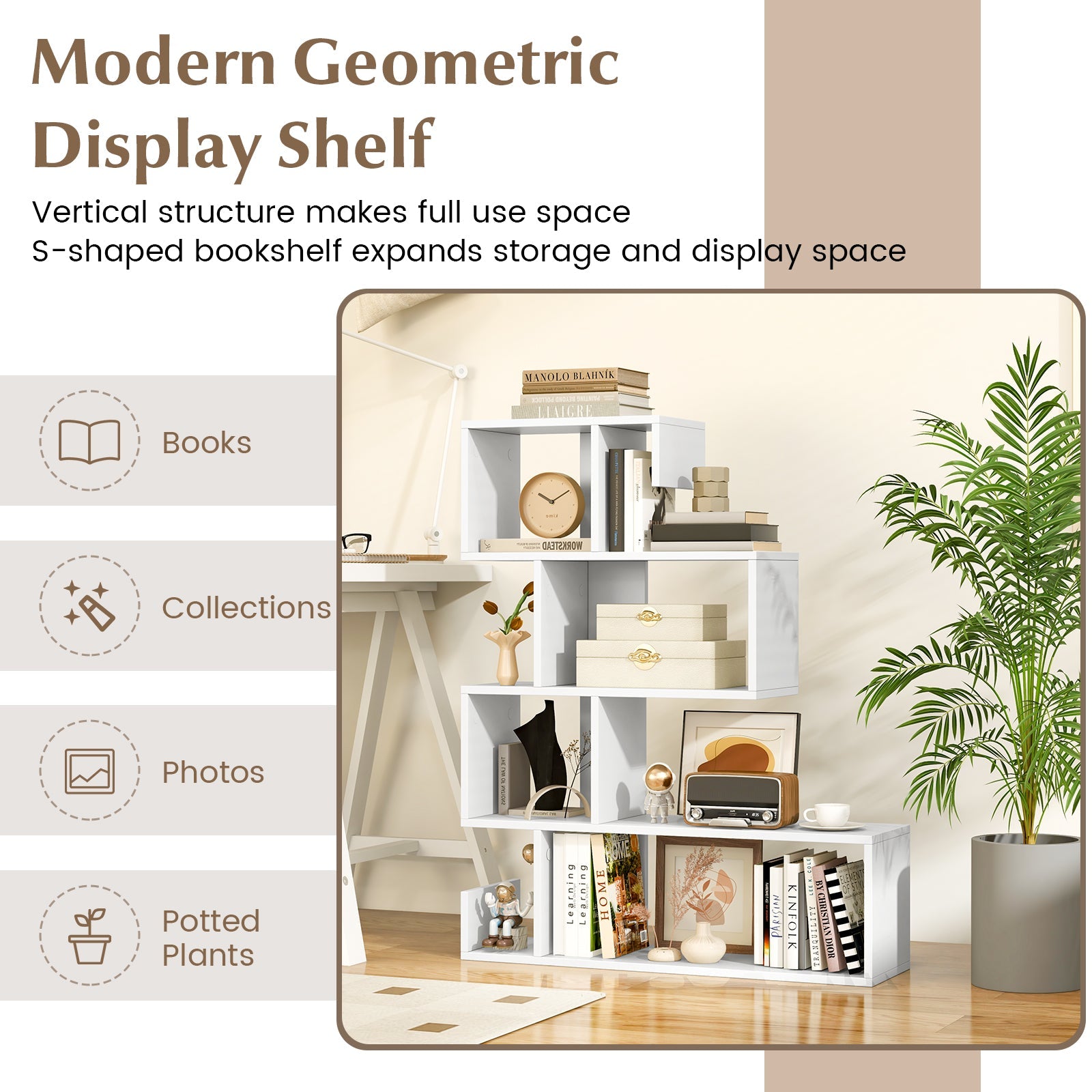 5-Tier S-Shaped Bookshelf, Geometric Z-Shelf Bookcase w/ Open Cubes
