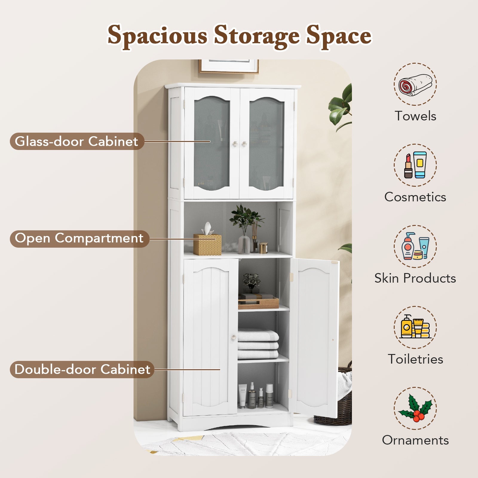 164 cm Tall Bathroom Storage Cabinet, Freestanding Linen Cabinet