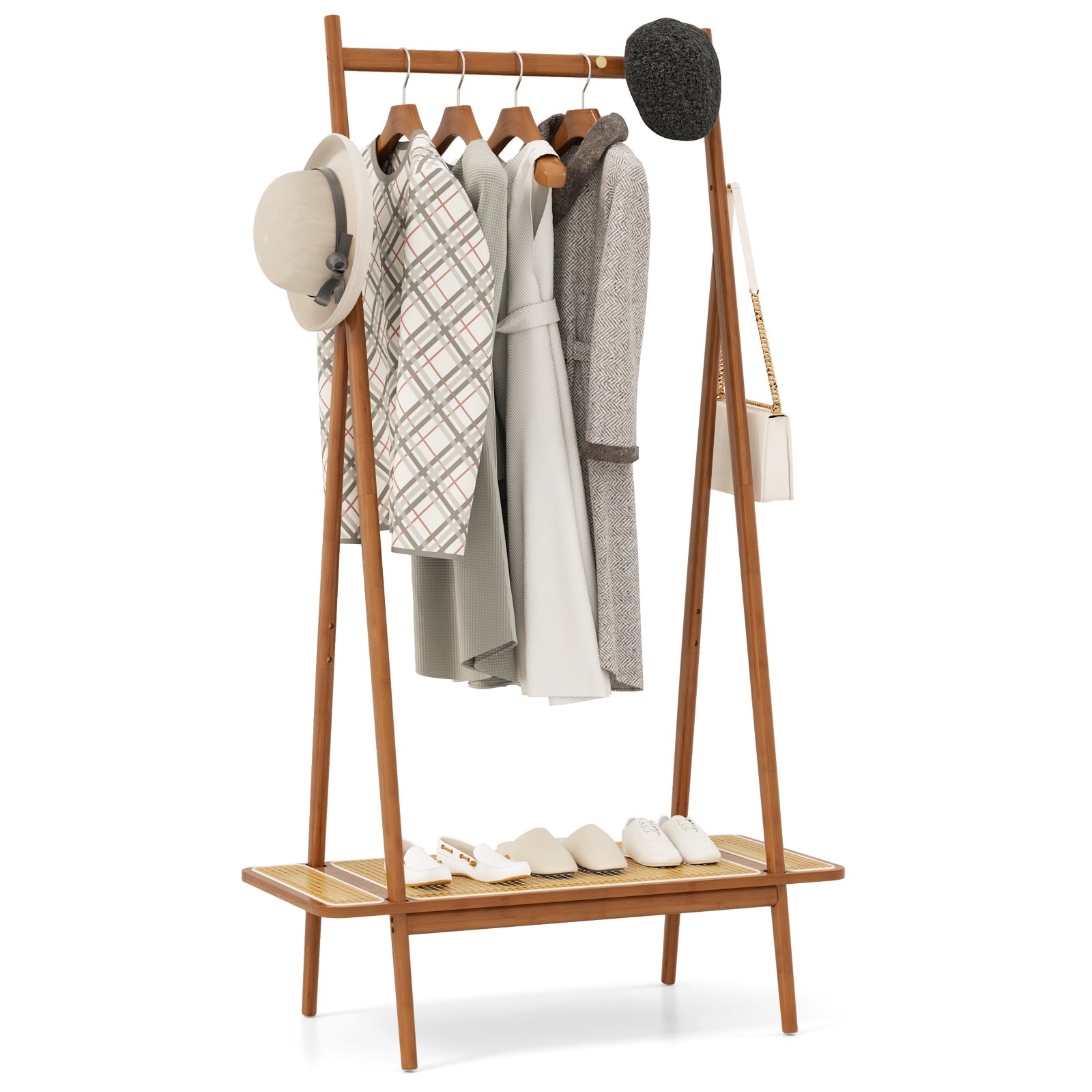 Bamboo Clothes Rack, Clothing Rack with Hanging Rod, Rattan Shelf & 5 Copper Hooks
