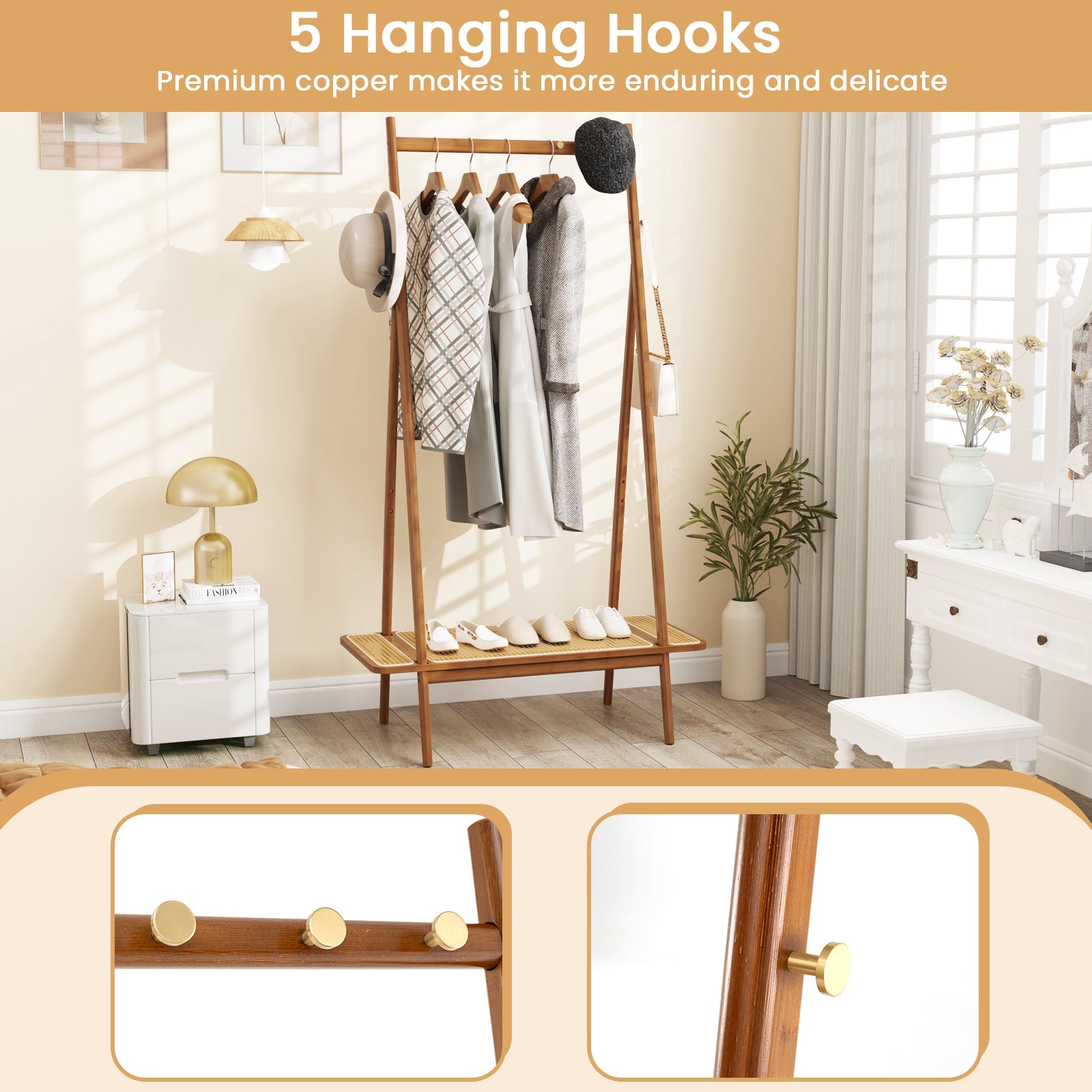 Bamboo Clothes Rack, Clothing Rack with Hanging Rod, Rattan Shelf & 5 Copper Hooks